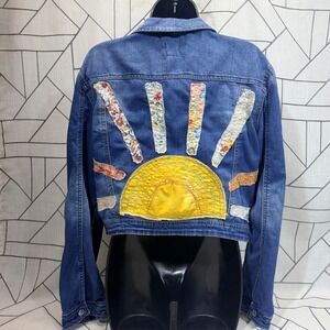 Art Denim Jacket Machine Quilted Floral Sun Patchwork Boho Cropped OOAK Size Med